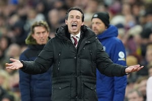 Aston Villa manager Unai Emery gestures on the touchline during the Premier League match at Villa Park.