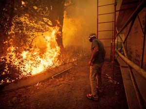 Will Adams watches as flames from the Palisades Fire close in on his property in the Pacific Palisades neighborhood of Los Angeles