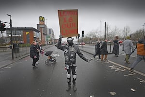 The protest cross the streets of Walsall to raise awarness for the potential loss of the Leather Museum