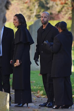 Marvin Humes (centre) and Rochelle Humes (left) arrive for the funeral service of One Direction singer Liam Payne at St Mary's Church in Amersham, Buckinghamshire