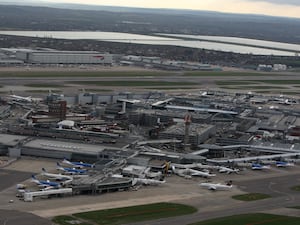 An aerial view of the central area of Heathrow Airport, which includes Terminals 1, 2 and 3