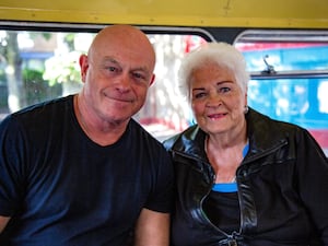 Ross Kemp and Pam St Clement smile at the camera