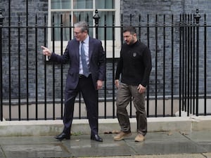 Ukrainian President Volodymyr Zelensky is greeted by Prime Minister Sir Keir Starmer as he arrives in Downing Street