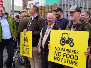 Farmers protest outside the Northern Farming Conference in Hexham in Northumberland against the government’s proposals to reform inheritance tax (IHT) rules