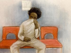 Court artist drawing by Elizabeth Cook of Axel Rudakubana, 18, appearing by video link from Belmarsh prison at London’s Westminster Magistrates’ Court on October 30