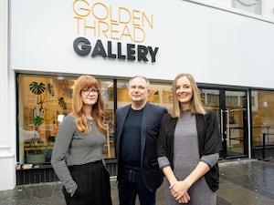 Mary Stevens, Exhibitions Officer and Peter Richards outside the Gallery