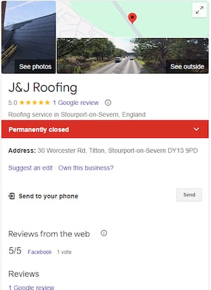 A quick Google search shows that the scam business has been permanently closed. It has got one 5 star review - which was left by one of the rogue traders, Simon Harris. 