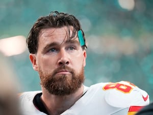 Kansas City Chiefs tight end Travis Kelce looks dejected