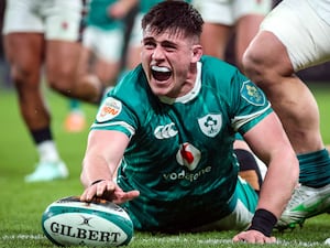 Dan Sheehan celebrates scoring Ireland's fourth try against England