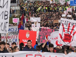 Protesters in Belgrade stage a demonstration over the deaths of 15 people in the collapse of a railway station canopy in Novi Sad last November