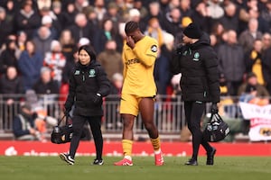 Emmanuel Agbadou of Wolverhampton Wanderers looks dejected as he leaves the pitch (Photo by Jack Thomas - WWFC/Wolves via Getty Images)