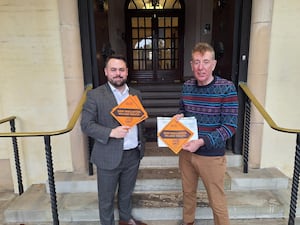 Cllr Andrew Tromans (L) meets public loos campaigner David Sheppard outside the Council House in Dudley.