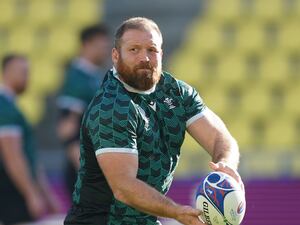 Wales’ Henry Thomas during the team run at the Stade de la Beaujoire in Nantes