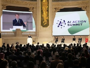 French President Emmanuel Macron addresses the audience in a closing speech at the Grand Palais during the Artificial Intelligence Action Summit in Paris