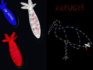 Composite image of red, white and blue coloured bombs (left) and the outline of a stork with the words 'Refugee' written in red (right)