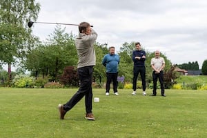 Steve Twaites from Coventry Timber tees off, watched by (from left to right) Gareth Buckley and Adam Daniels from Vistry and Steve Mount from Coles, at the charity golf day held at the Shropshire Golf Centre in Telford.


