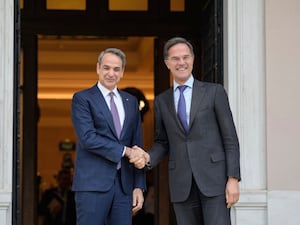 Greek Prime Minister Kyriakos Mitsotakis welcomes Nato Secretary-General Mark Rutte to Athens