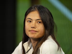 Emma Raducanu sits during a press conference at Wimbledon