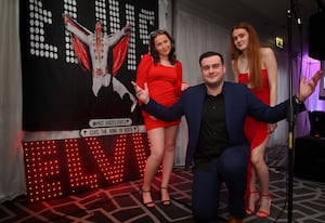 Pics at the Village Hotel in Dudley, where there was a special event to mark Elvis's 90th birthday. Mitchell Newton with Zara Walker and  Gina Hobley, from Oldbury and Dudley.