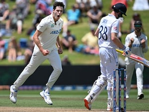 New Zealand bowler Will O’Rourke celebrates the dismissal of England’s Harry Brook