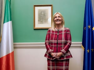 Independent TD Verona Murphy standing between an Irish and EU flags