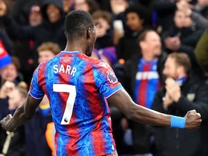 Ismaila Sarr celebrates after scoring Crystal Palace’s first goal against Aston Villa