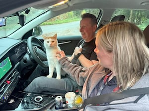 Colin and Cara in the car with Beans