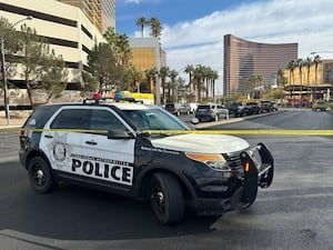 Police block the area after a vehicle caught fire and exploded outside the lobby of President-elect Donald Trump’s hotel in Las Vegas