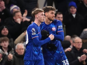 Cole Palmer celebrates after his shot led to an own goal by West Ham United’s Aaron Wan-Bissaka