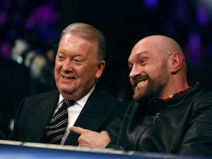 Boxing promoter Frank Warren (left) and Tyson Fury look in high spirit while attending the Derek Chisora-Otto Wallin fight