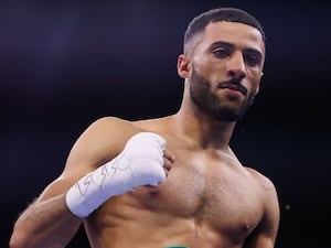 Galal Yafai celebrates victory against Tommy Frank following their fight for the WBC International flyweight belt in Birmingham