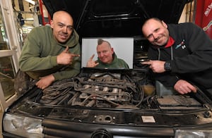 Lee Southern (centre) owner of Volksmagic garage, Oldbury, gets set to be on TV shows Car SOS and Wheeler Dealers, with colleagues Niahrome White and Steven Davis.