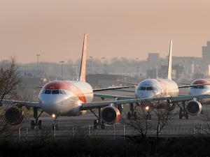 EasyJet planes queue to take off at London Gatwick Airport in Crawley, West Sussex