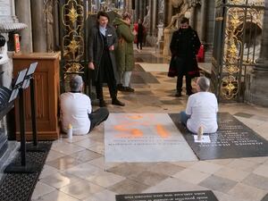 The grave of Charles Darwin, in the north aisle of the nave of Westminster Abbey (Just Stop Oil)