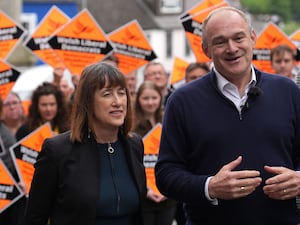 Liberal Democrat Leader Sir Ed Davey and Welsh Liberal Democrat Leader Jane Dodds during a visit to Knighton, Wales