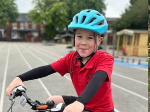 A split image of Harvey Goodman on his bike and training for the triathlon