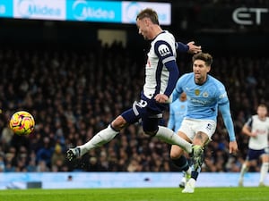 James Maddison scores Tottenham’s first goal against Manchester City with a left-foot volley