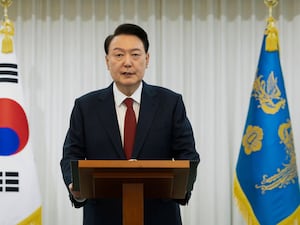 South Korean President Yoon Suk Yeol speaks at the presidential residence