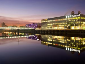 The BBC Scotland headquarters in Pacific Quay, Glasgow at dawn