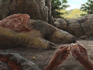 An illustration depicting a person carving an osteoderm from a giant sloth