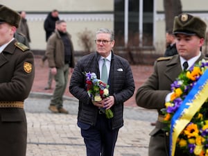 Prime Minister Sir Keir Starmer lays a wreath at The Wall of Remembrance of the Fallen for Ukraine at St Michael’s Square in Kyiv