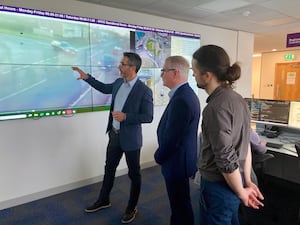 VivaCity show West Midlands Mayor Richard Parker (centre) and Road Safety Commissioner Mat MacDonald how the AI powered sensors work. PIC: Gurdip Thandi LDR