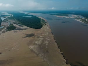 Aerial view of the Amazon river, showing signs of drought