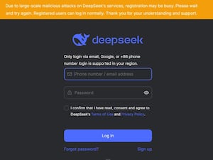 A screenshot of the homepage of AI chatbot DeepSeek, showing a warning message about new users being unable to register for the app