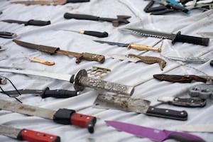 Knives and other weapons that have been deposited into weapon surrender bins at Morrisons in Bilston, Wolverhampton