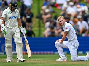 England’s Ben Stokes reacts during play on day one of the third Test between England and New Zealand in Hamilton