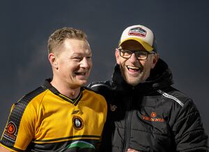 Richard Sneekes and Sam Mantom celebrate the win (Pic: Jim Wall)