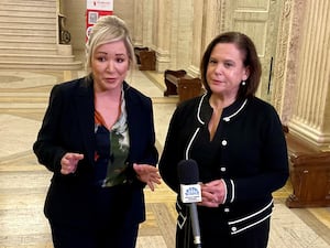 Sinn Fein president Mary Lou McDonald and vice president Michelle O’Neill in the Great Hall of Parliament Buildings at Stormont, Belfast