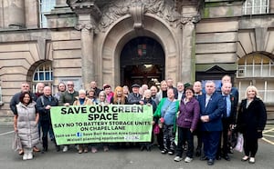 Protesters outside Walsall Council House on Lichfield street against Battery energy storage system on Chapel Lane, Great Barr, November 2024 public inquiry 
POermission for use for LDR partners 