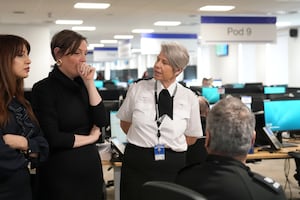 Safeguarding Minister Jess Phillips (second from left) and Raneem's aunt Nour Norris (left) during a visit to the West Midlands Police control room in Birmingham